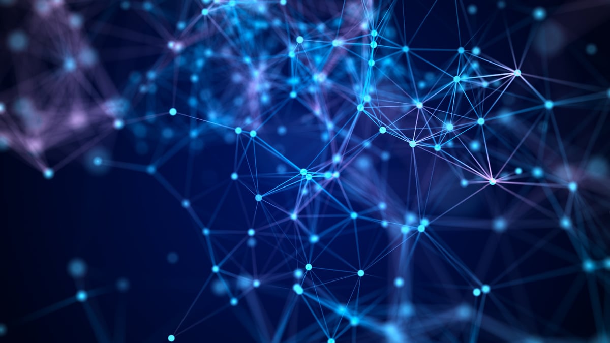 Digital communication matrix with neural network connections and information flows on dark blue background